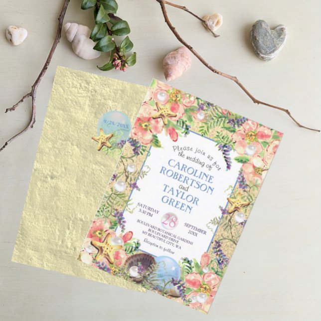 Convites Casamento Tropical Sandy Beach Rosa Seashell Pearl (Criador carregado)