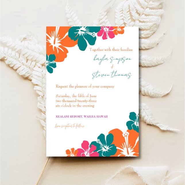 Convites Casamento Tropical Teal Orange Pink Hibiscus (Criador carregado)