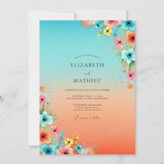 Convites Casamento Tropical Turquesa Animado (Frente)