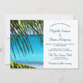 Convites Casamento Tropical Turquesa na Praia com Folhas de