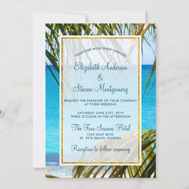 Convites Casamento Tropical Turquesa na Praia com Frondes d (Frente)
