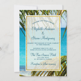 Convites Casamento Tropical Turquesa na Praia com Frondes d