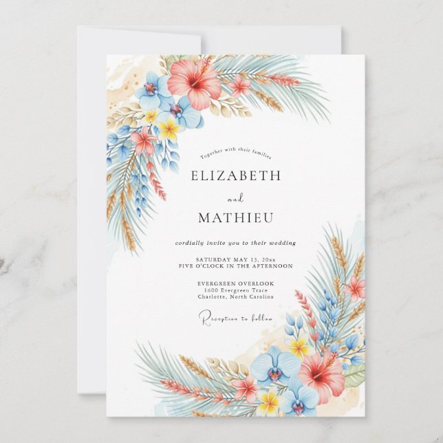 Convites Casamento Tropical Vibrante de Coral (Frente)
