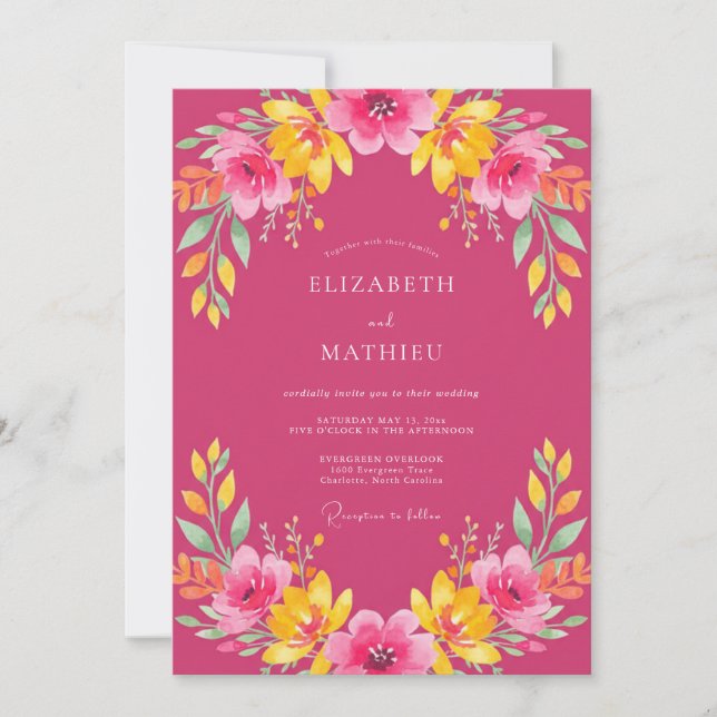 Convites Casamento Tropical Vibrante Fuchsia (Frente)