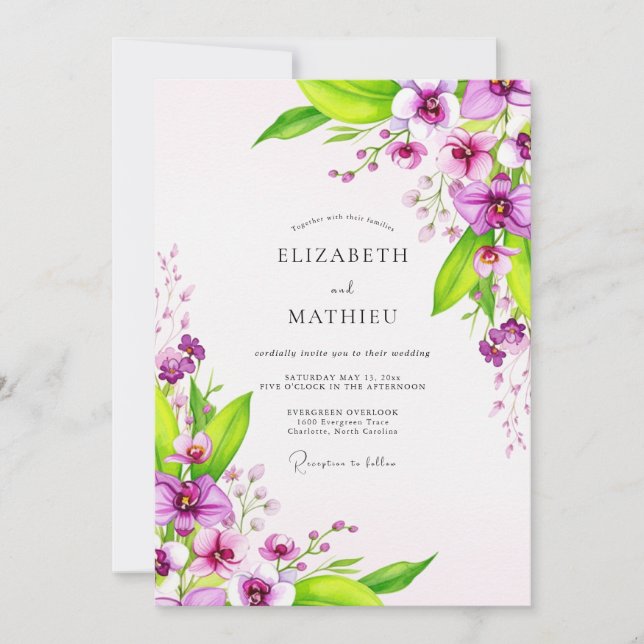 Convites Casamento Tropical Vibrante Roxo (Frente)