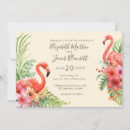 Convites Casamento Tropical Watercolor Flamingos & Hibiscus
