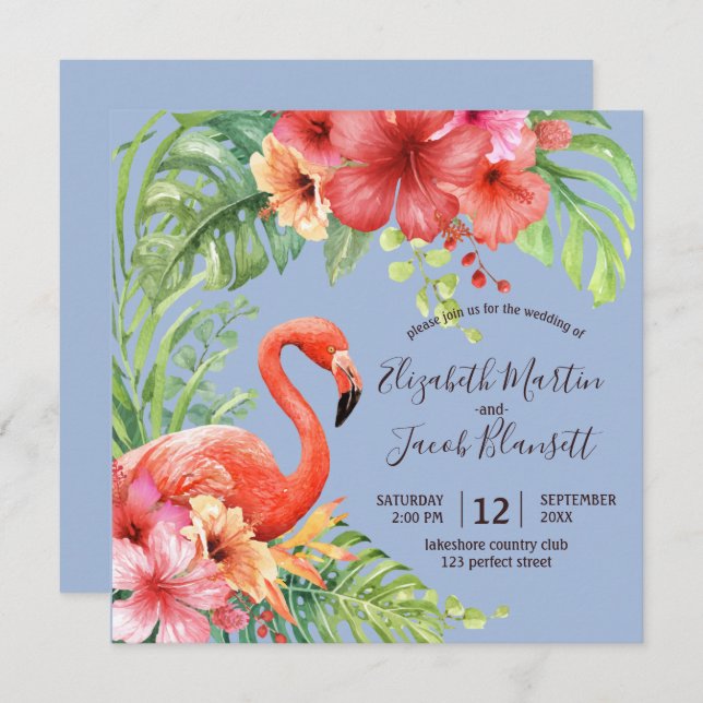 Convites Casamento Tropical Watercolor Flamingos & Hibiscus (Frente/Verso)