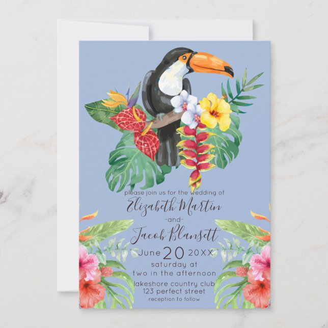 Convites Casamento Tropical Watercolor Toucan & Hibiscus (Frente)