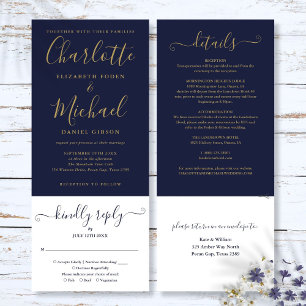 Convites Casamento Tudo Em Um Azul Marinho e Dourado