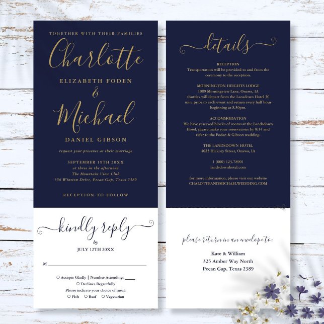 Convites Casamento Tudo Em Um Azul Marinho e Dourado (Navy Blue And Gold Script All In One Wedding Invitation)