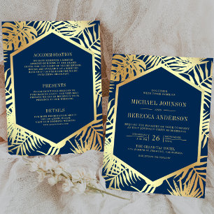 Convites Casamento Tudo em Um Azul Naval Dourado Tropical