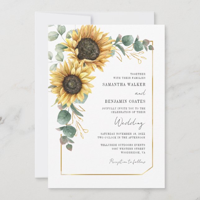 Convites Casamento Tudo em Um com Código QR de Girassol Flo (Frente)