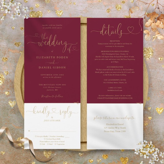 Convites Casamento Tudo Em Um Com Coração Burgundy E Dourad (Burgundy And Gold Heart Script All In One Wedding Invitation)