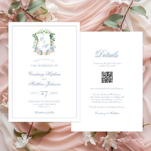 Convites Casamento Tudo Em Um com Crista Floral Azul Empoei