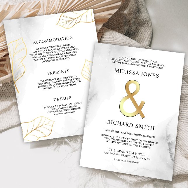 Convites Casamento Tudo em Um com Folhas Brancas e Douradas (Criador carregado)
