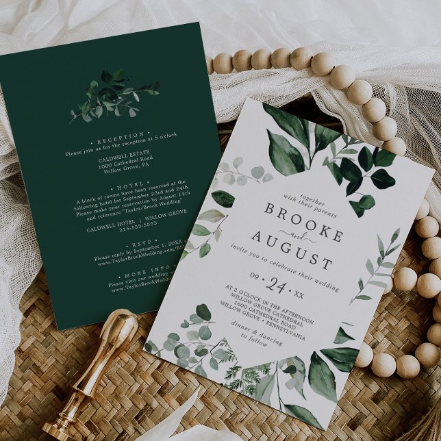 Convites Casamento Tudo em Um com Verdor Esmeralda (Emerald Greenery All In One Wedding Invitation)