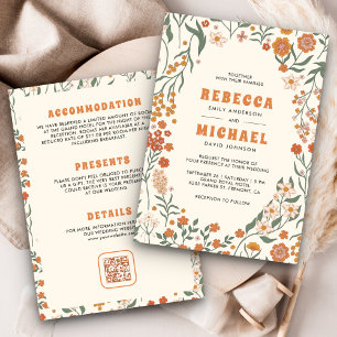 Convites Casamento Tudo em Um Creme Laranja Groovy Wildflow