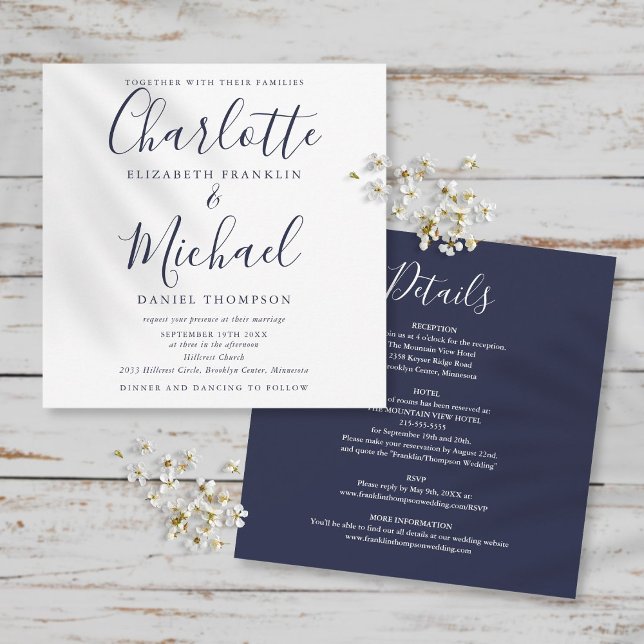 Convites Casamento Tudo Em Um de Script Azul Marinho Elegan (Criador carregado)