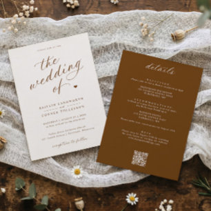 Convites Casamento Tudo em Um de Script Marrom & Creme Eleg