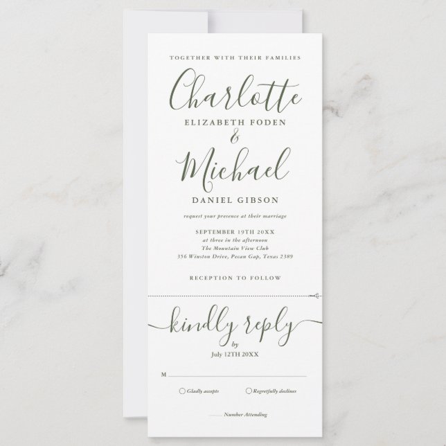 Convites Casamento Tudo Em Um de Script Verde Oliva Elegant (Frente)