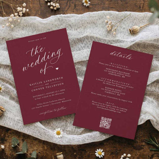 Convites Casamento Tudo em Um de Script Vermelho Borgonha E (Burgundy red wedding invitation with white calligraphy and elegant classic typography.)