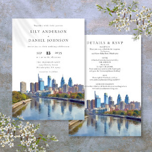 Convites Casamento Tudo Em Um Philadelphia Skyline Aquarela