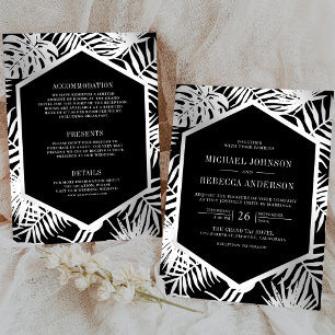 Convites Casamento Tudo em Um Preto Prata Tropical Palma
