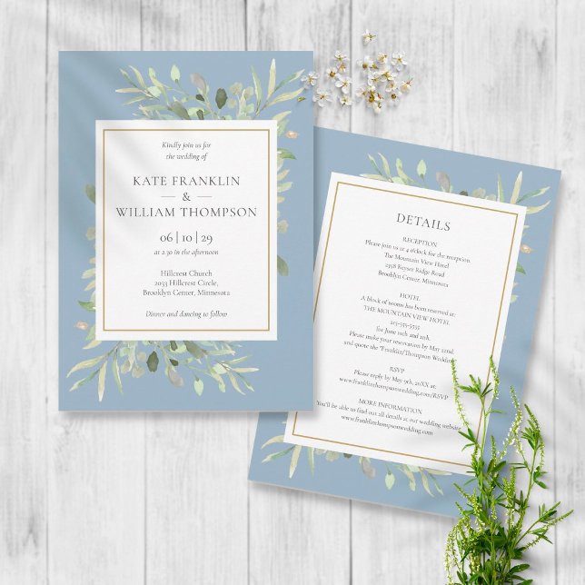 Convites Casamento Tudo Em Um Quadro Dourado com Verde e Az (Criador carregado)