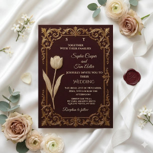 Convites Casamento Tulipas Barroco Ouro Marfim Borgonha Clá