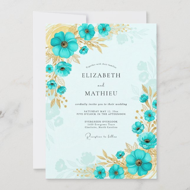 Convites Casamento Turquesa Dourado Brilhante Costeiro (Frente)