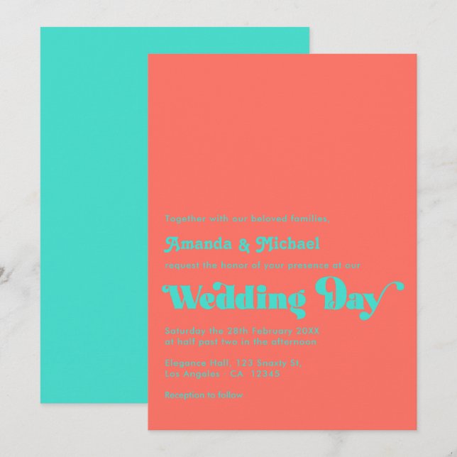 Convites Casamento Turquesa e Coral (Frente/Verso)