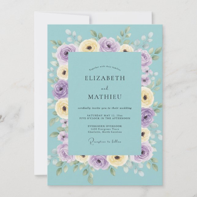 Convites Casamento Turquesa Lilás Ranunculus Eucalipto (Frente)