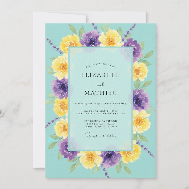 Convites Casamento Turquesa Violeta Ranunculus Eucalipto (Frente)