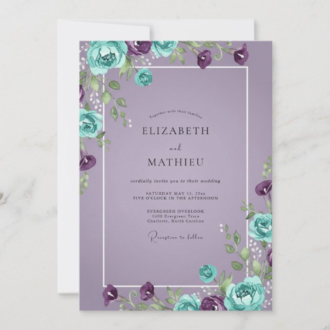 Convites Casamento Turquoise Amethyst Ranunculus Eucalipto (Frente)