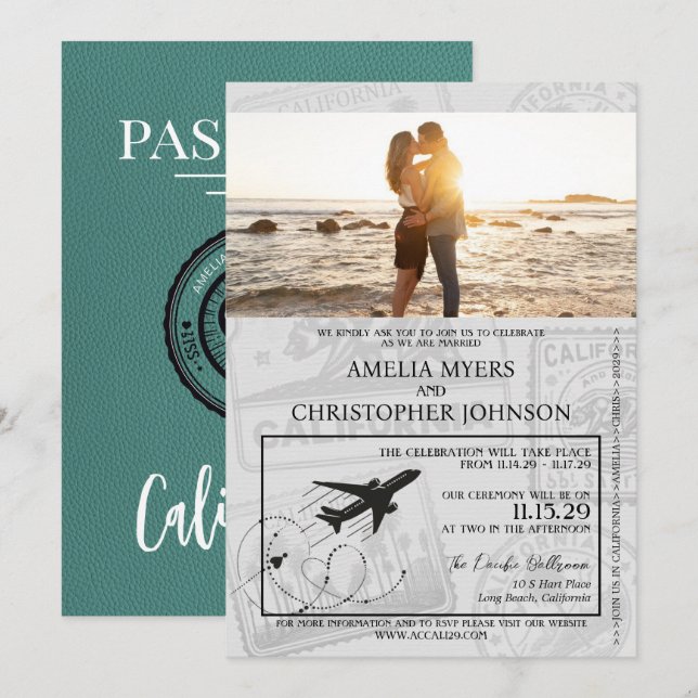 Convites Casamento Turquoise California Passport (Frente/Verso)