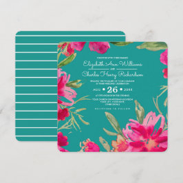 Convites Casamento Turquoise Fuchsia Floral Watercolor