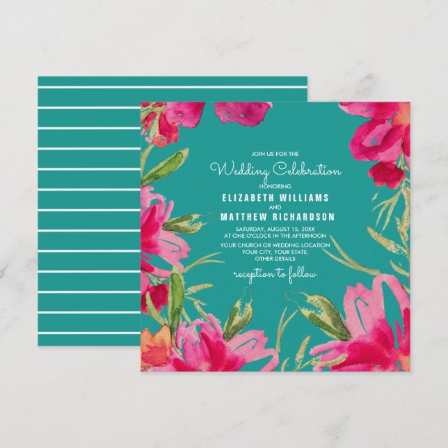Convites Casamento Turquoise Fuchsia Floral Watercolor (Frente/Verso)