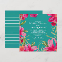 Convites Casamento Turquoise Fuchsia Floral Watercolor