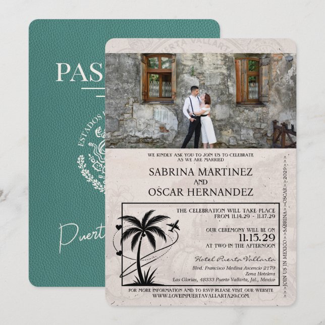 Convites Casamento Turquoise Puerta Vallarta Passaporte (Frente/Verso)