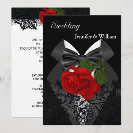 Convites Casamento Tuxedo Preto Branco Rosa Vermelho Fundo