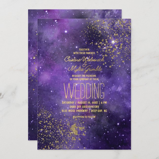 Convites Casamento Ultravioleta | Glam Starry Night (Frente/Verso)
