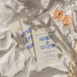 Convites Casamento Único Colorido Retro Funky Escrito À Mão<br><div class="desc">Este convite para o casamento é perfeito para o seu casamento se você está procurando um convite elegante único e fácil de ser editado. Que apresenta fundo branco plano. E a mão azul escrevia os primeiros nomes da noiva e do noivo. e informações editáveis com monograma no fundo. Barato e...</div>