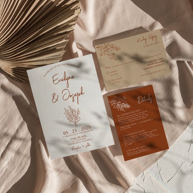 Convites Casamento Único de Terracotta Floral Boho Botânico (Criador carregado)