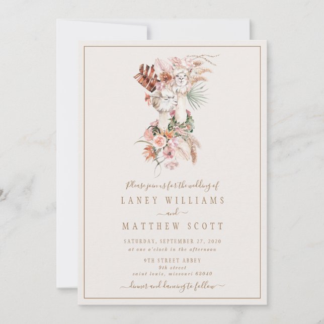 Convites Casamento Único do Casal Romântico de Noiva Llama (Frente)