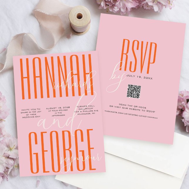 Convites Casamento Único do Código QR Cor-de-Rosa e Laranja (Modern Bold Pink and Orange Colorful Typography unique all-in-one QR code rsvp wedding invitation)
