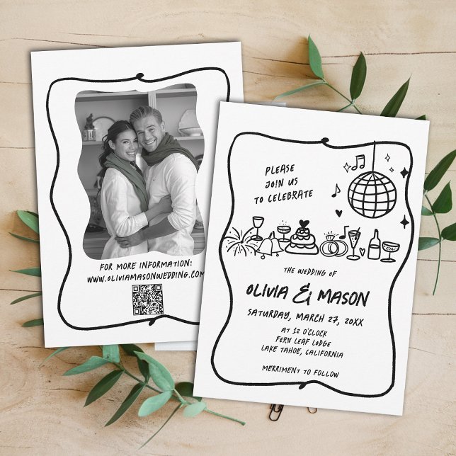 Convites Casamento Único Funk Moderno Desenhado à Mão (hand drawn wedding invitation doodle illustration squiggle wavy frame black white modern)