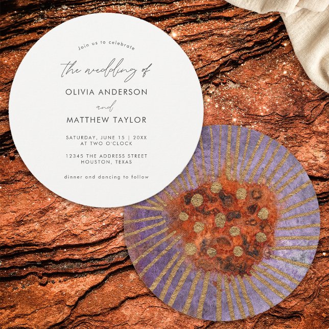 Convites Casamento Único Simples Roxo Dourado Boho Aquarela (Front/Back)