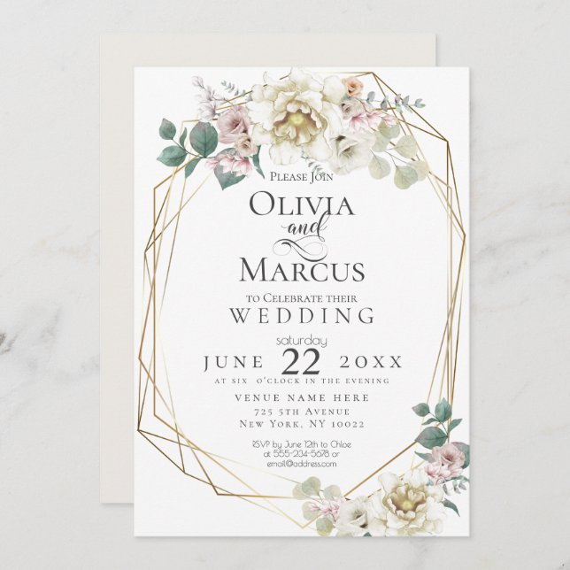 Convites Casamento | Vanilla Watercolor Peony Flowers (Frente/Verso)