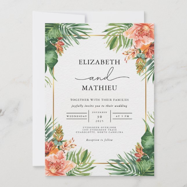 Convites Casamento Verdant Palms & Coral Blooms (Frente)
