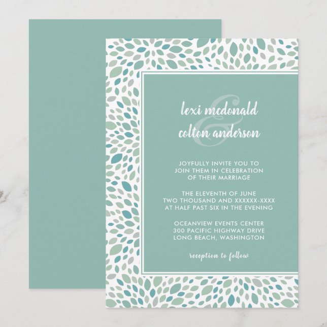Convites Casamento Verde Abstrato Floral Chic Seaside (Frente/Verso)